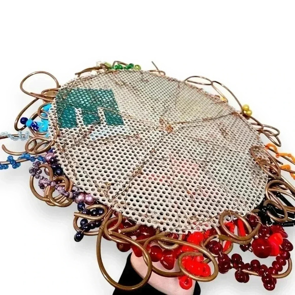 Hand Beaded Metalwork Artwork Glass Bead Rainbow Circle Hangable Mosaic - Picture 7 of 7